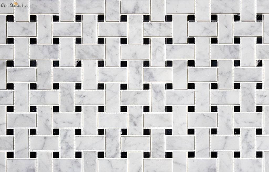 Carrara Marble + Black Dots Basketweave Mosaic - image 2