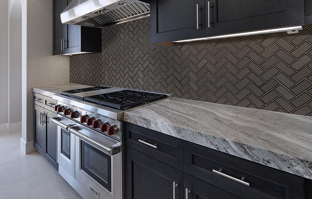 Metallic Grey Glass Bevel Herringbone - image 3