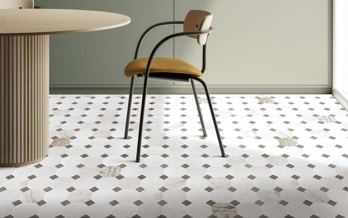 Valentino Bianco 6" Octagon With Latte Dot Honed Marble Mosaic - image 5