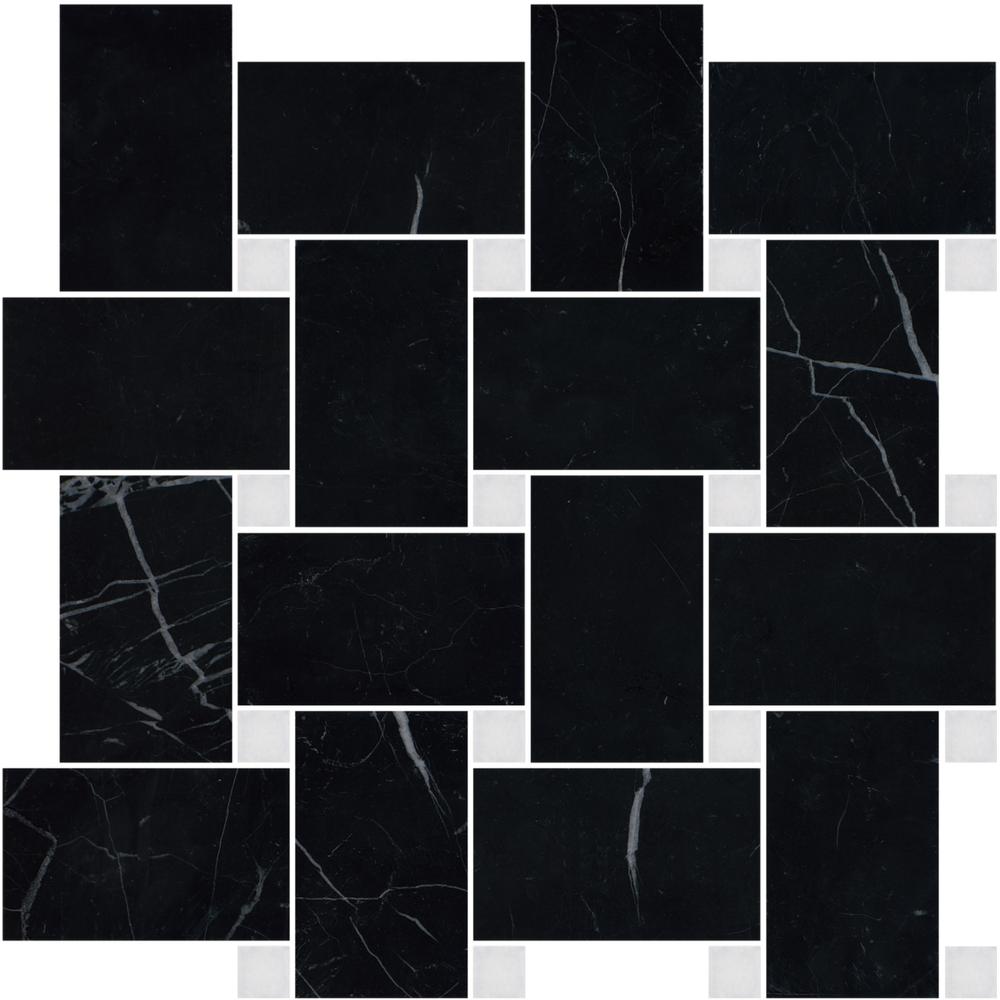 Nero Marquina Basketweave w/White Dot Honed Marble Mosaic - image 1