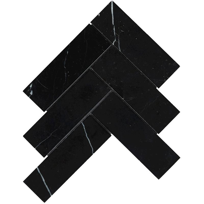 Nero Marquina Herringbone 2"x6" Polished Marble Tile