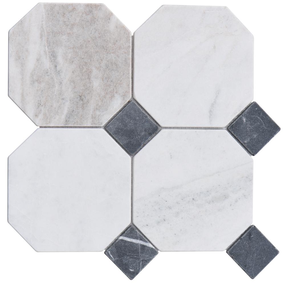 Valentino Bianco 6" Octagon w/Nero Dot Tumbled & Honed Marble Mosaic - image 1