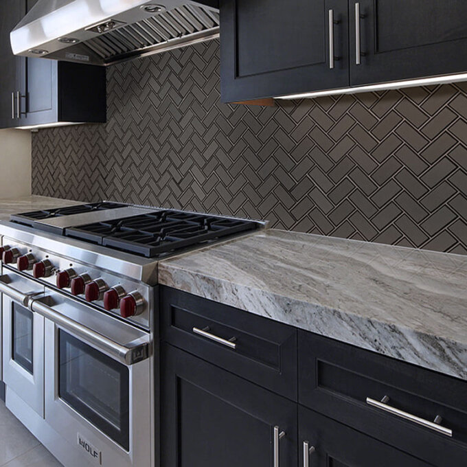 Metallic Grey Glass Bevel Herringbone