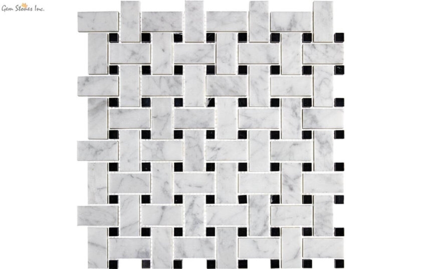 Carrara Marble Basketweave Black Dots Marble Mosaic