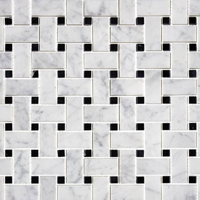 Carrara Marble + Black Dots Basketweave Mosaic