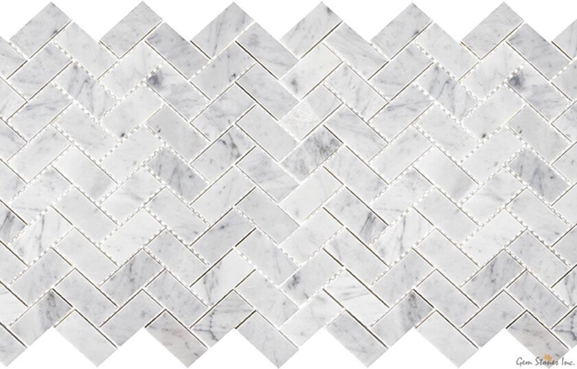 Carrara 1x2 Herringbone Marble Mosaic Installed