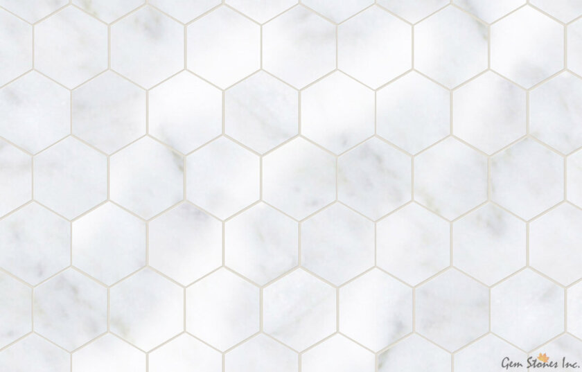 Carrara 3 inch Hexagon Polished Marble Mosaic Installed