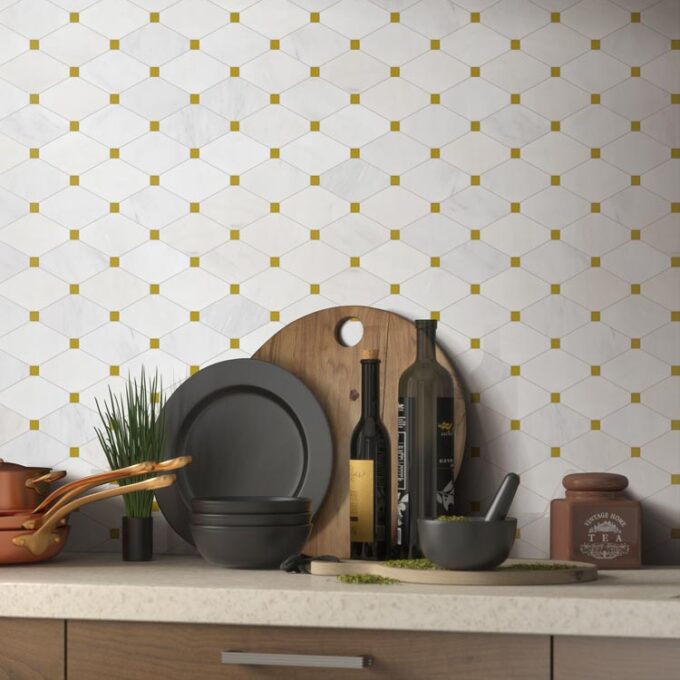 Ice White Marble Octagon + Gold Dot Polished Mosaic