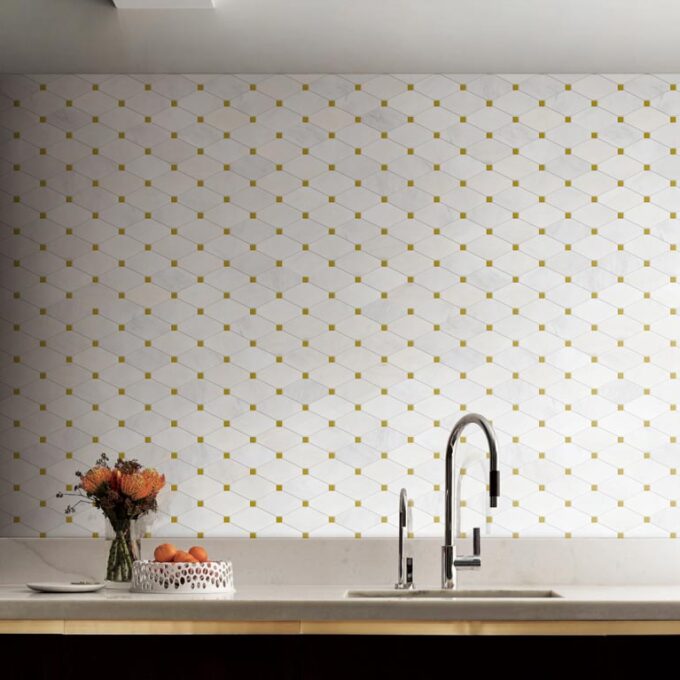Ice White Marble Octagon + Gold Dot Polished Mosaic