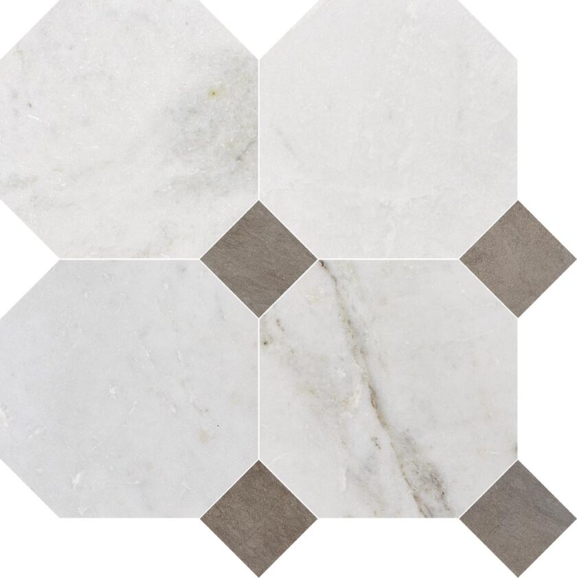 Valentino Bianco 6" Octagon With Latte Dot Honed Marble Mosaic