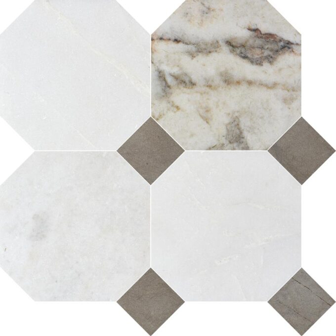 Valentino Bianco 6" Octagon With Latte Dot Honed Marble Mosaic