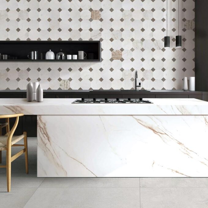 Valentino Bianco 6" Octagon With Latte Dot Honed Marble Mosaic