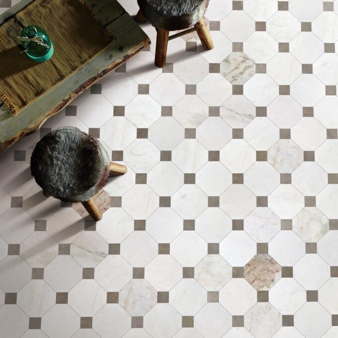 Valentino Bianco 6" Octagon With Latte Dot Honed Marble Mosaic